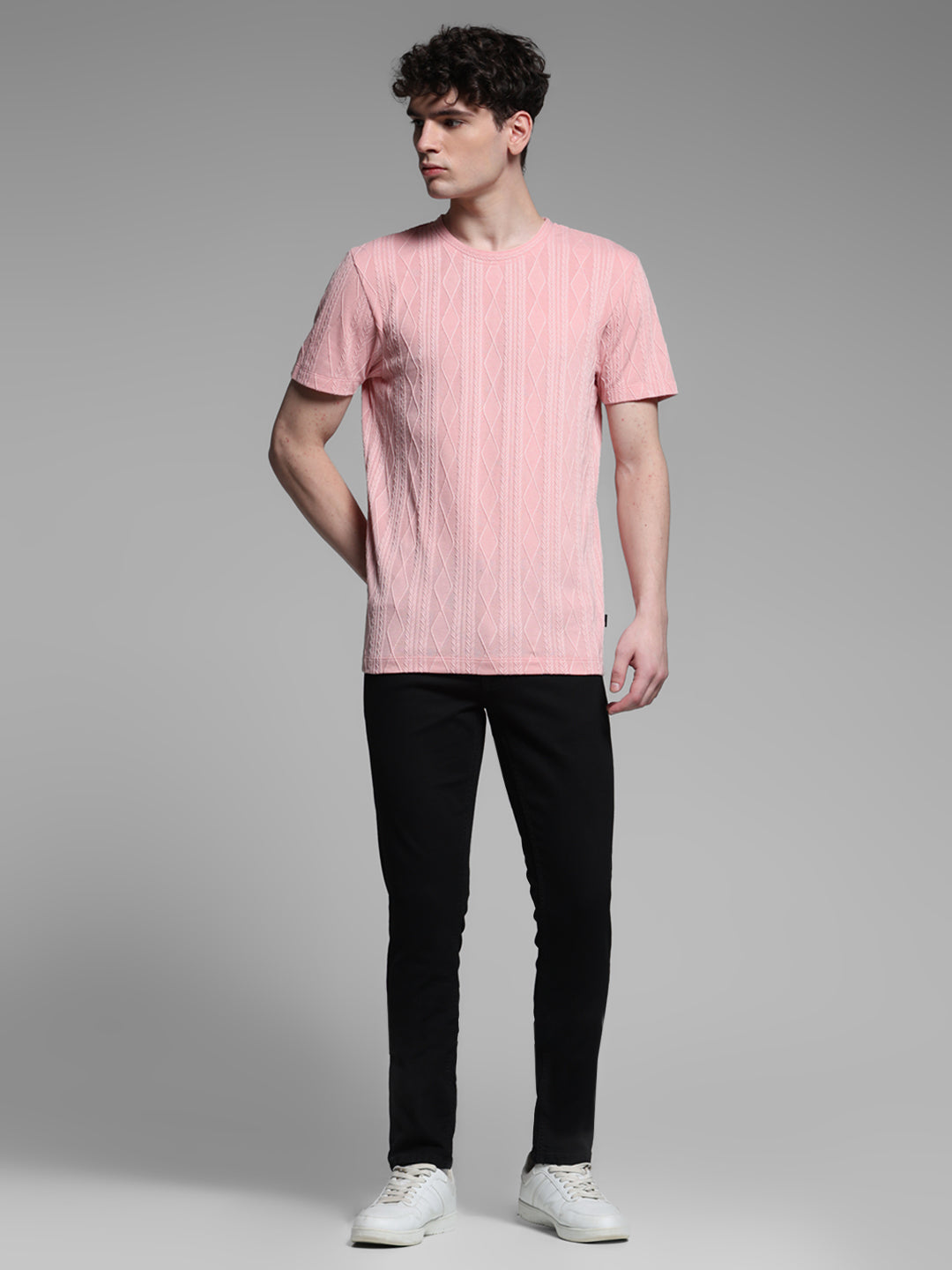 Men's Pink Jacquard Textured Slim Fit Crew Neck T-Shirt