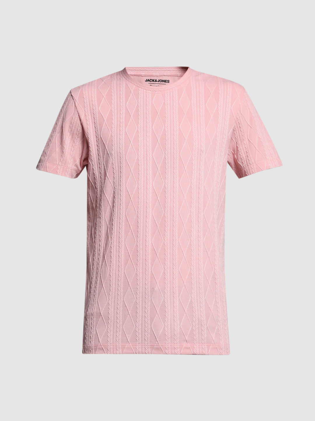 Men's Pink Jacquard Textured Slim Fit Crew Neck T-Shirt