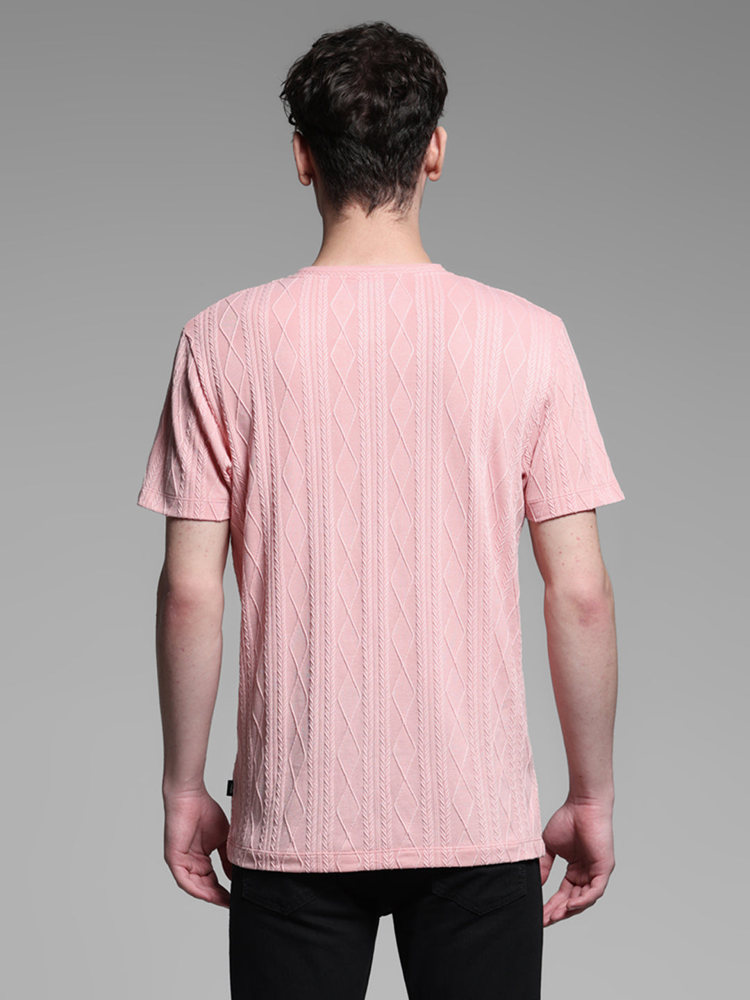 Men's Pink Jacquard Textured Slim Fit Crew Neck T-Shirt