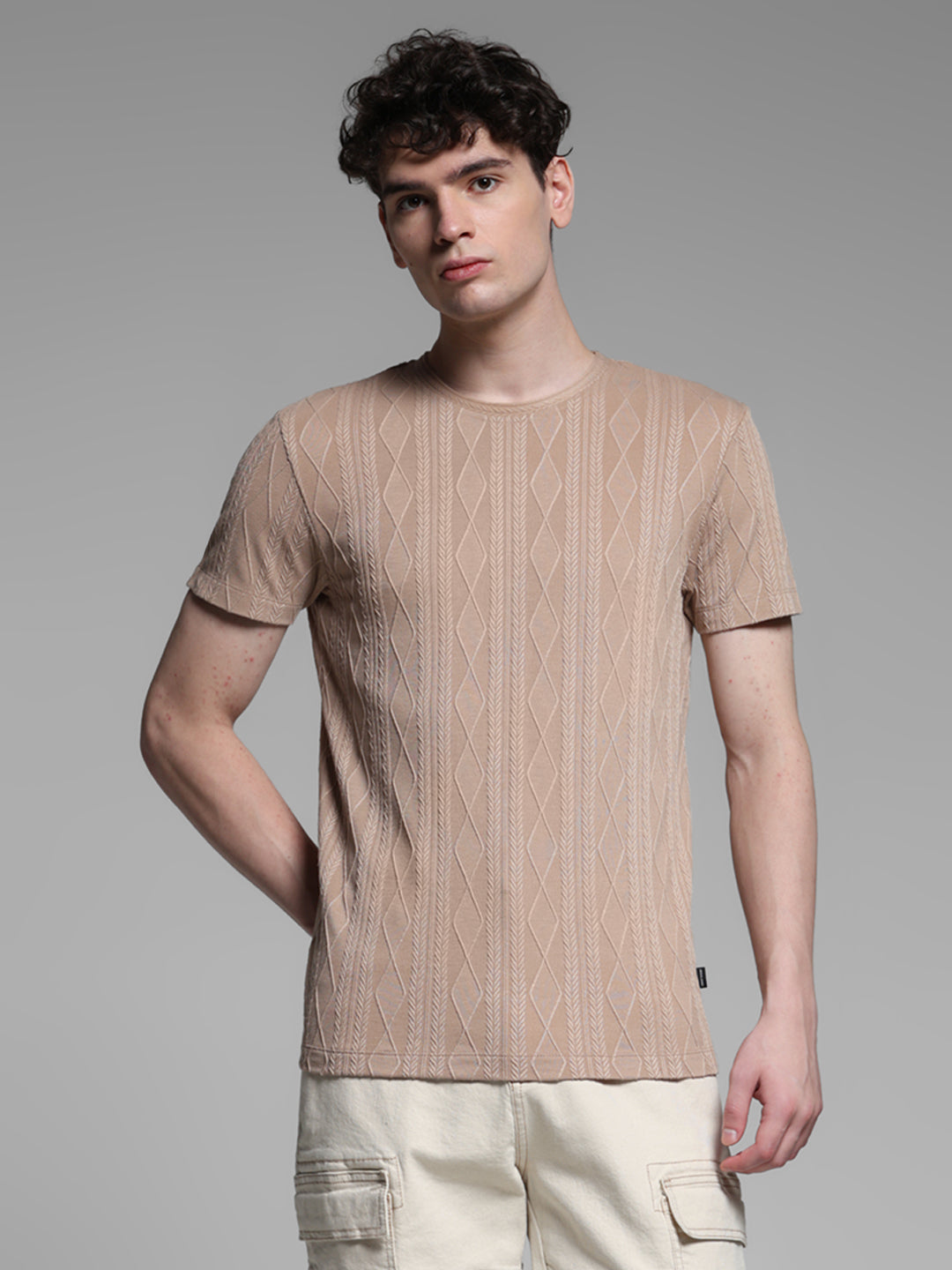 Brown Jacquard Crew Neck T-shirt