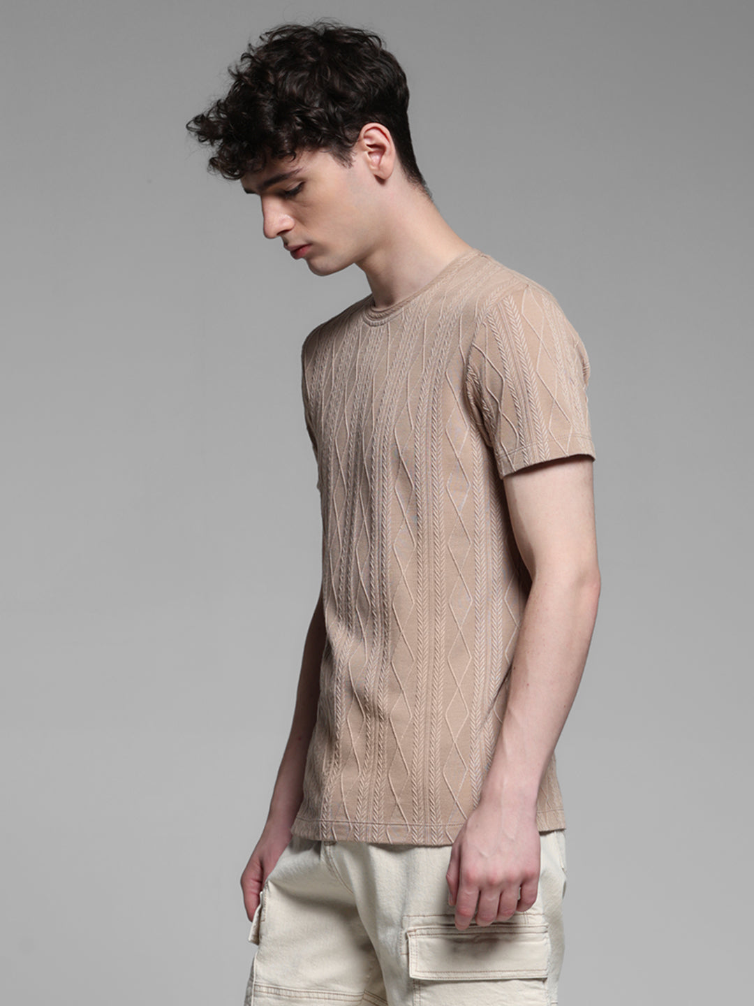 Brown Jacquard Crew Neck T-shirt