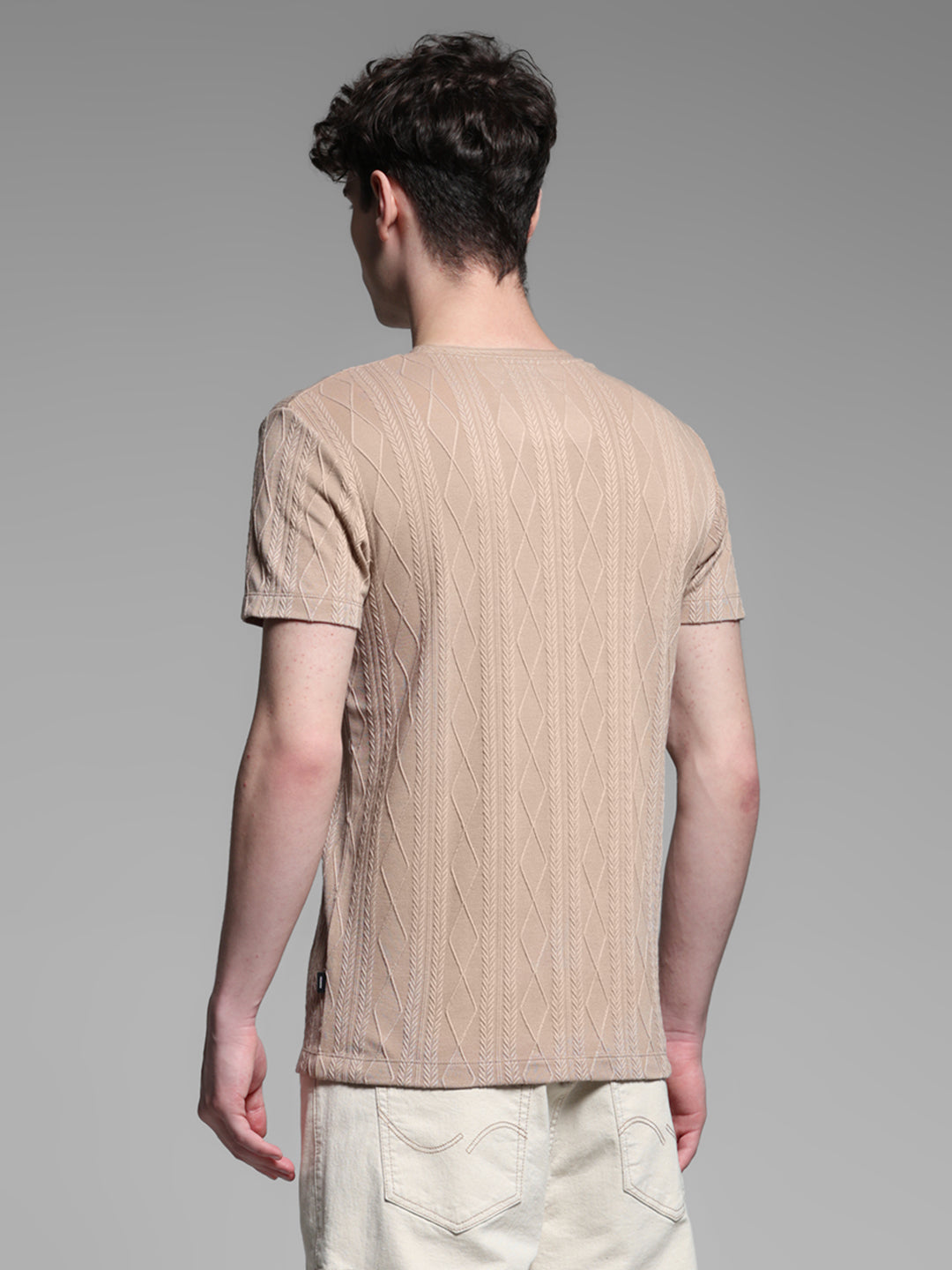 Brown Jacquard Crew Neck T-shirt
