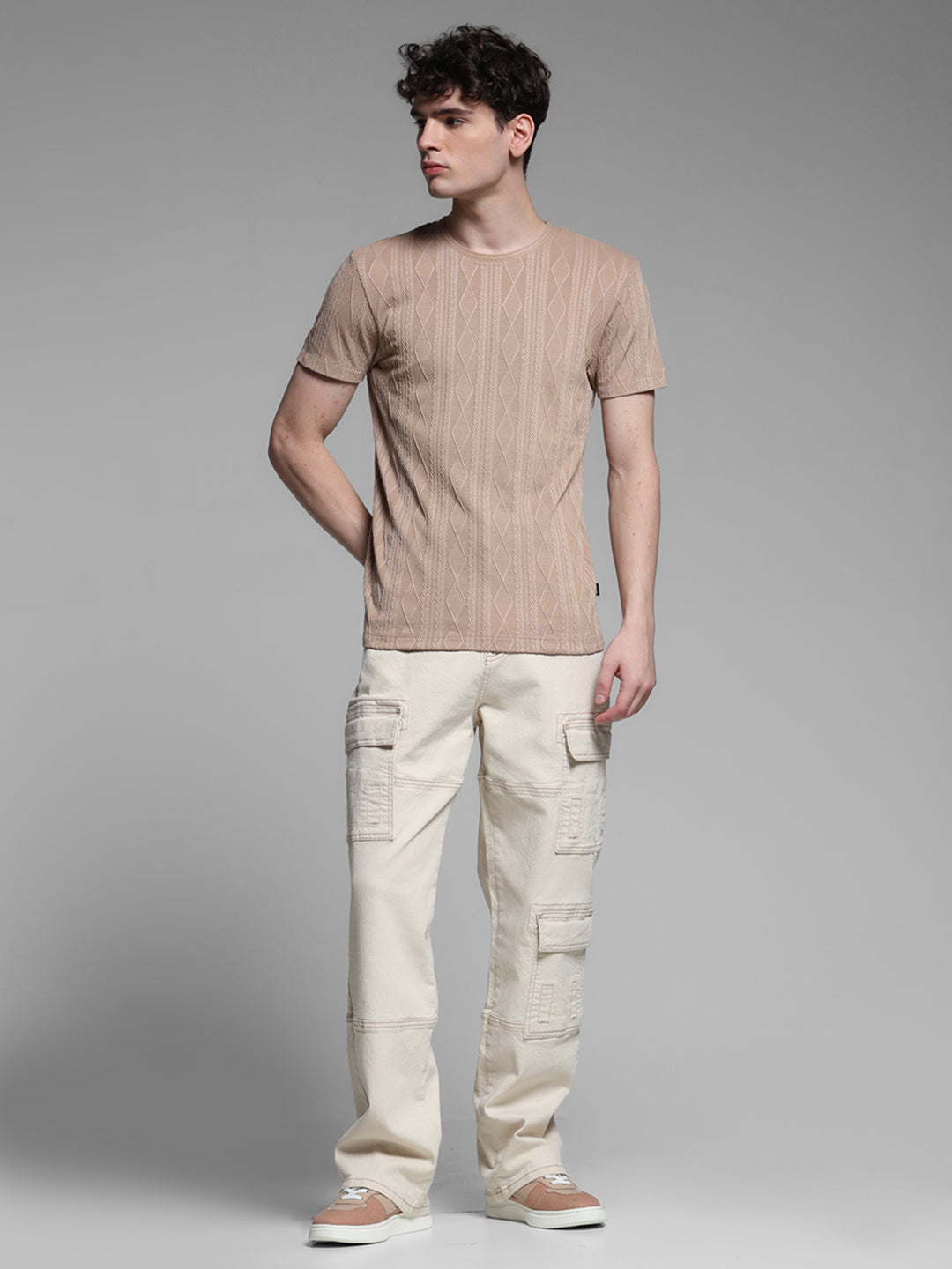 Brown Jacquard Crew Neck T-shirt