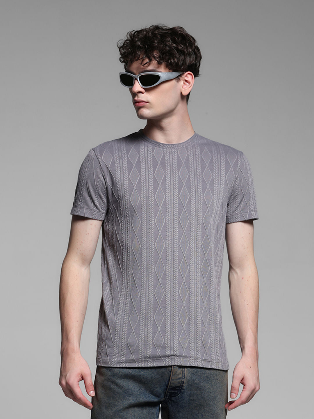 Grey Jacquard Crew Neck T-shirt - L