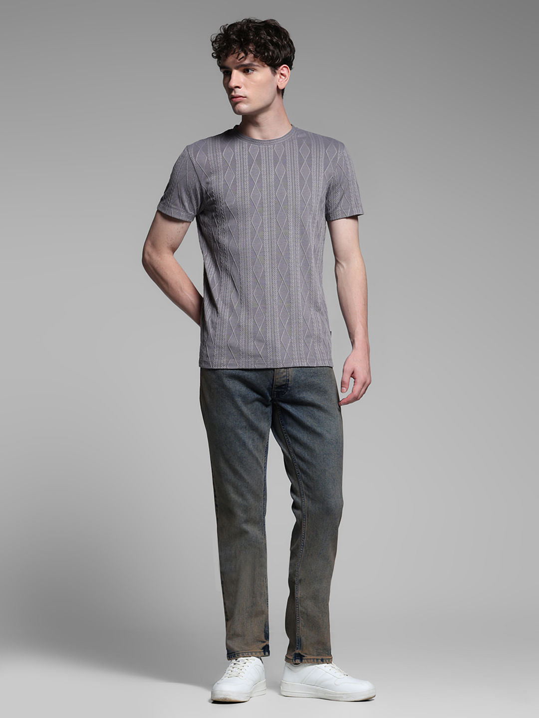 Grey Jacquard Crew Neck T-shirt