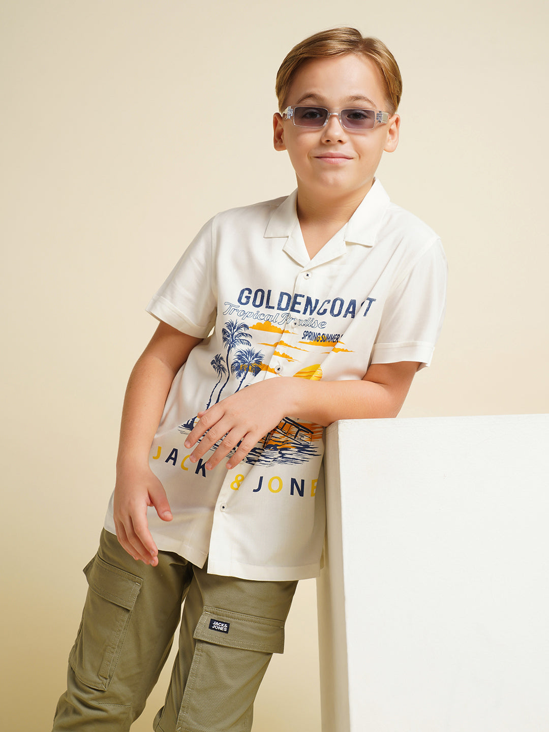 Boys White Printed Viscose Shirt