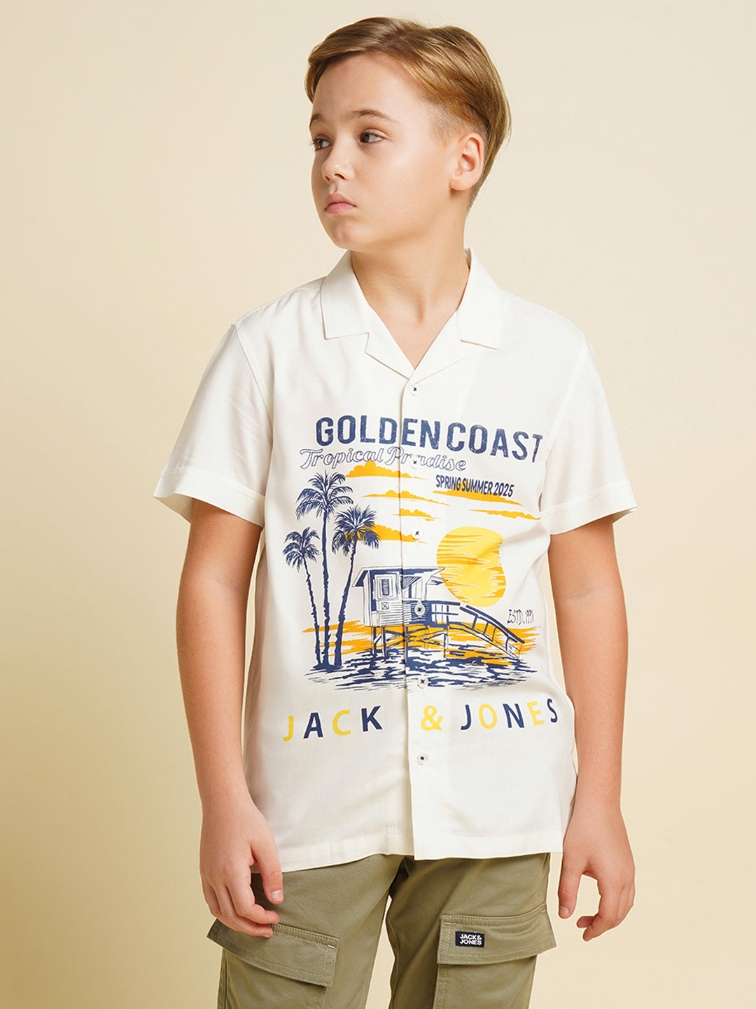 Boys White Printed Viscose Shirt