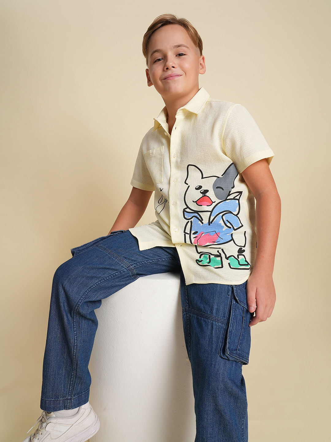 Boys Yellow Cotton Doggo Print Shirt