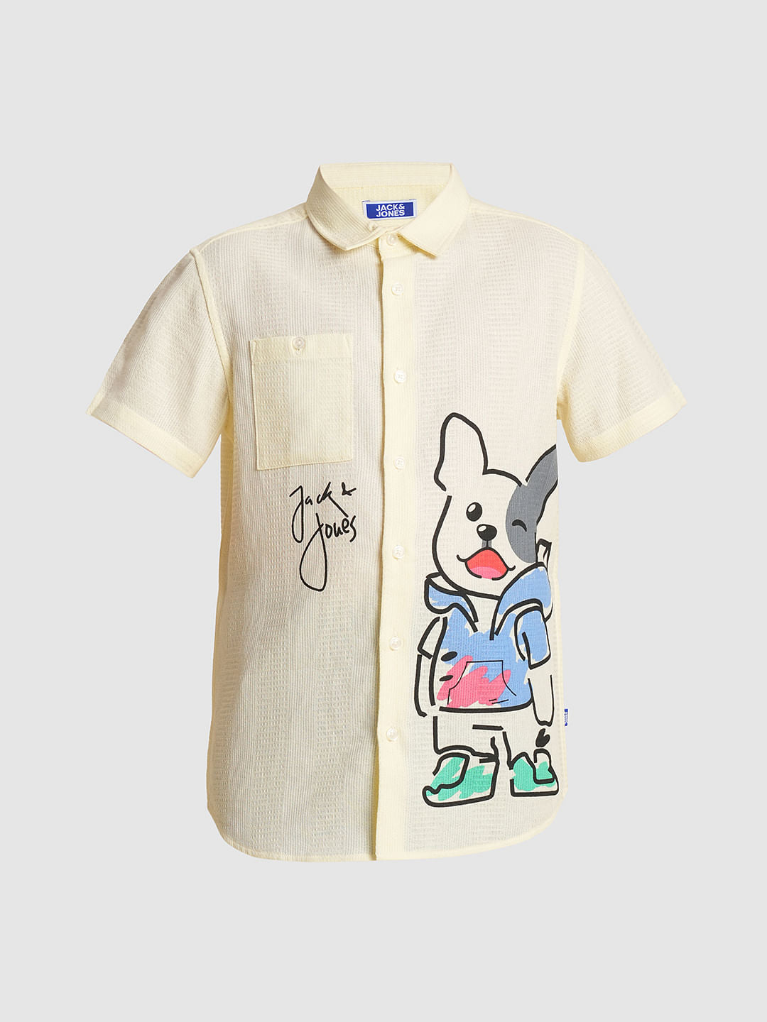 Boys Yellow Cotton Doggo Print Shirt