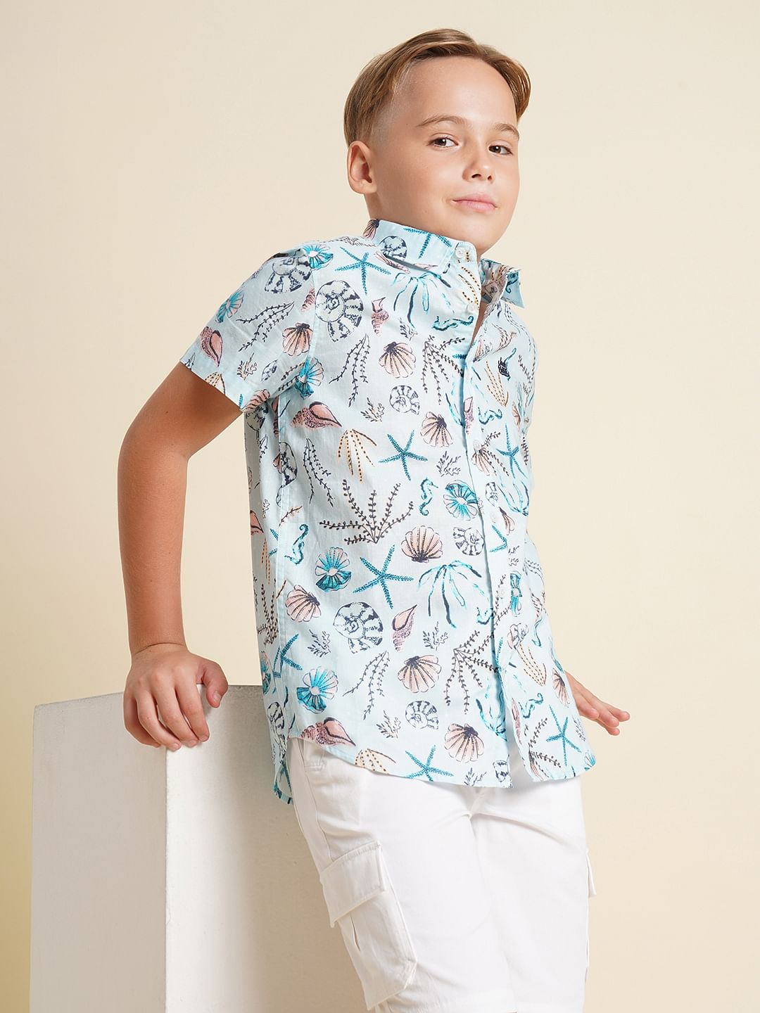 Boys Blue Sea Shells Print Shirt - 4/5Y