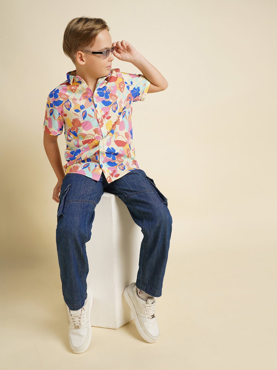 Boys Cotton Floral Print Shirt In Daffodil Yellow