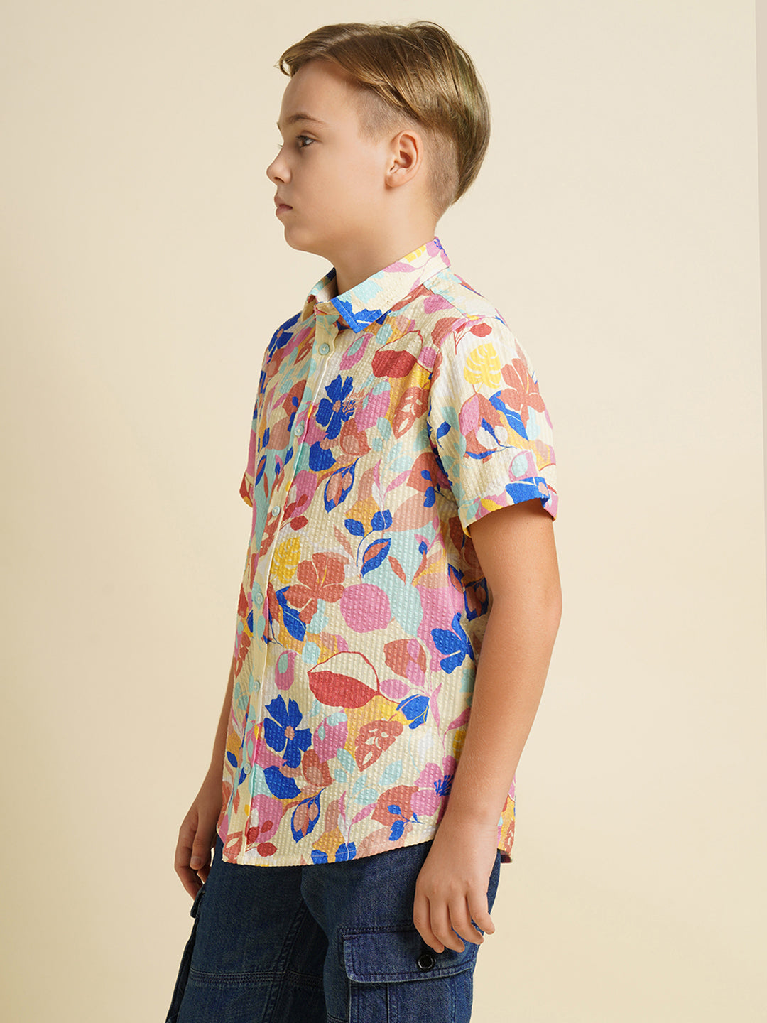 Boys Cotton Floral Print Shirt In Daffodil Yellow