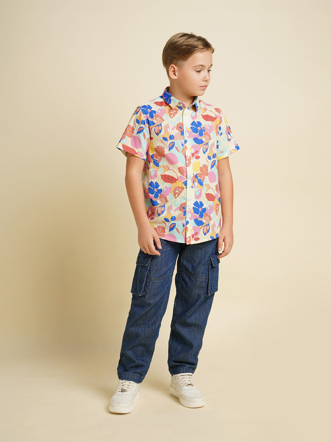 Boys Cotton Floral Print Shirt In Daffodil Yellow