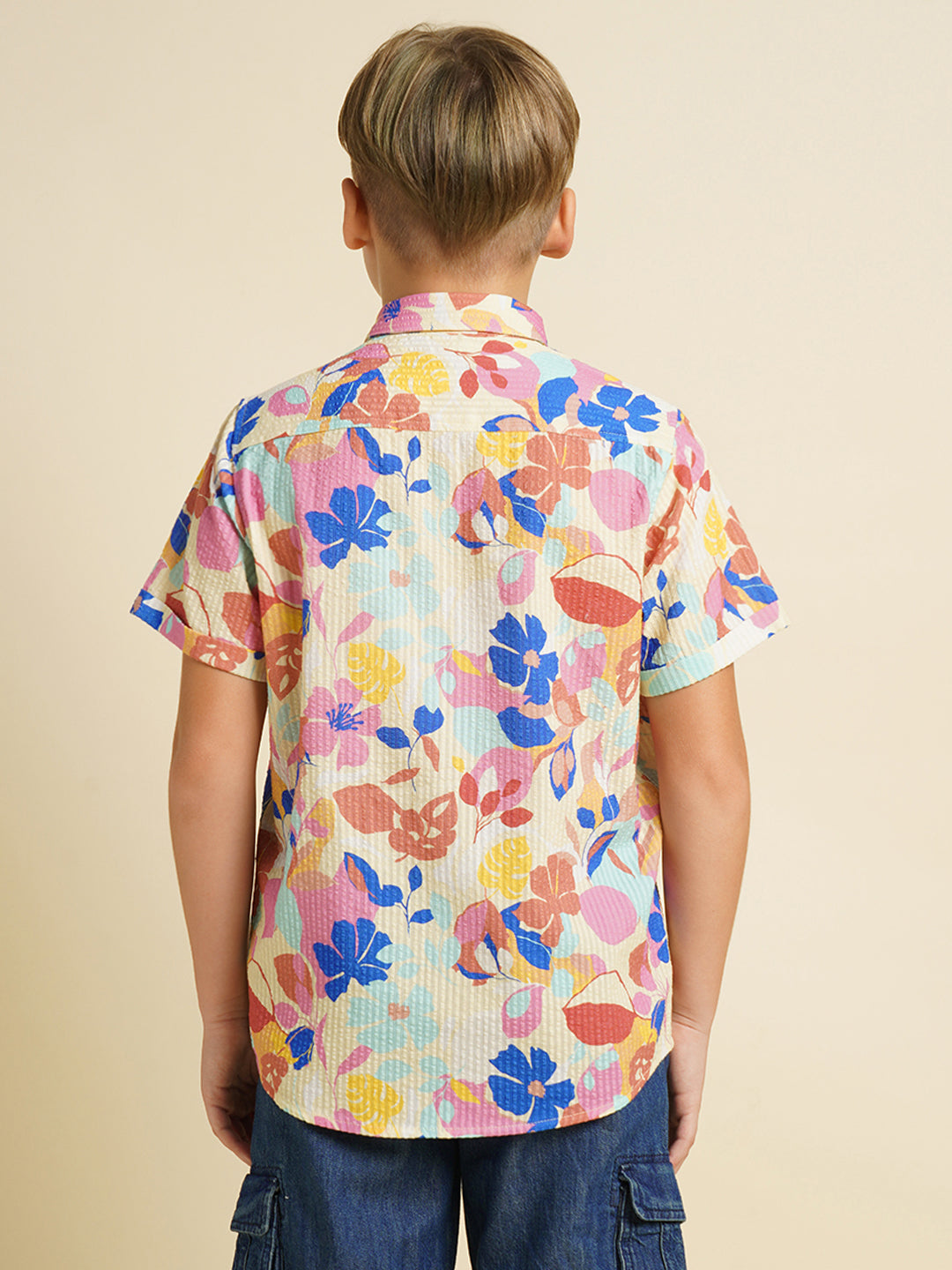 Boys Cotton Floral Print Shirt In Daffodil Yellow