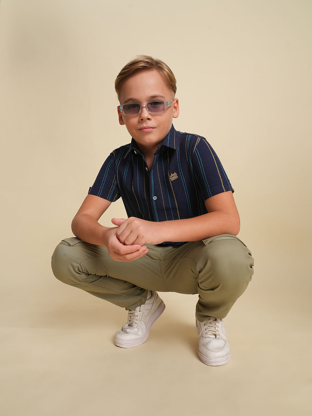 Boys Navy Blue Striped Cotton Shirt