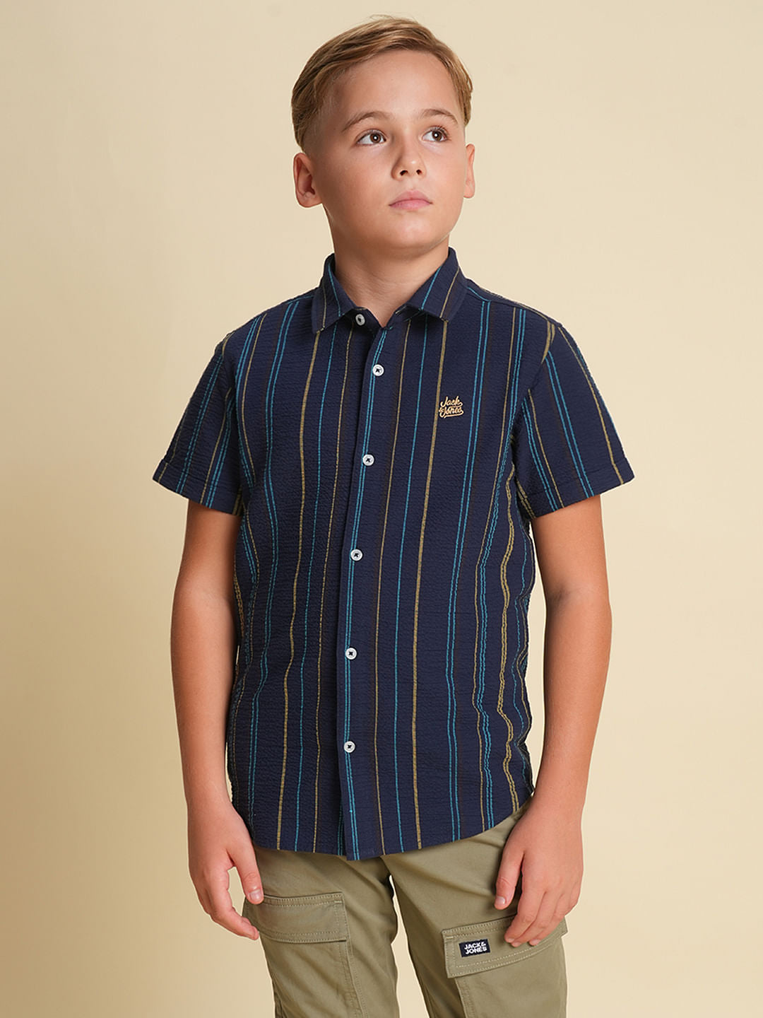 Boys Navy Blue Striped Cotton Shirt