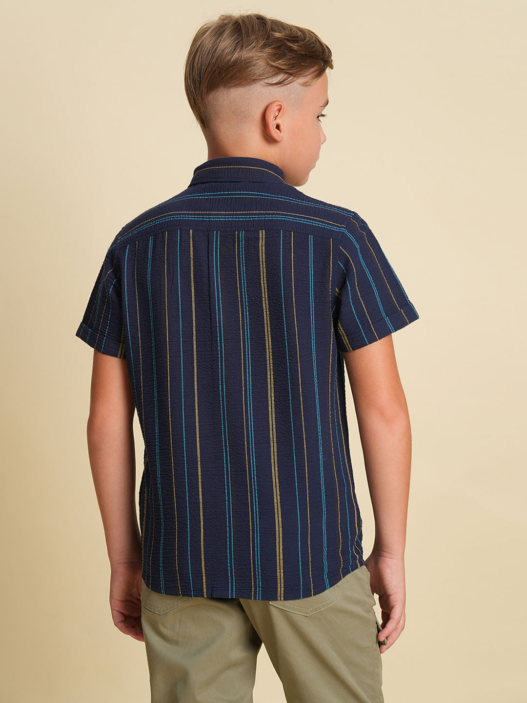 Boys Navy Blue Striped Cotton Shirt