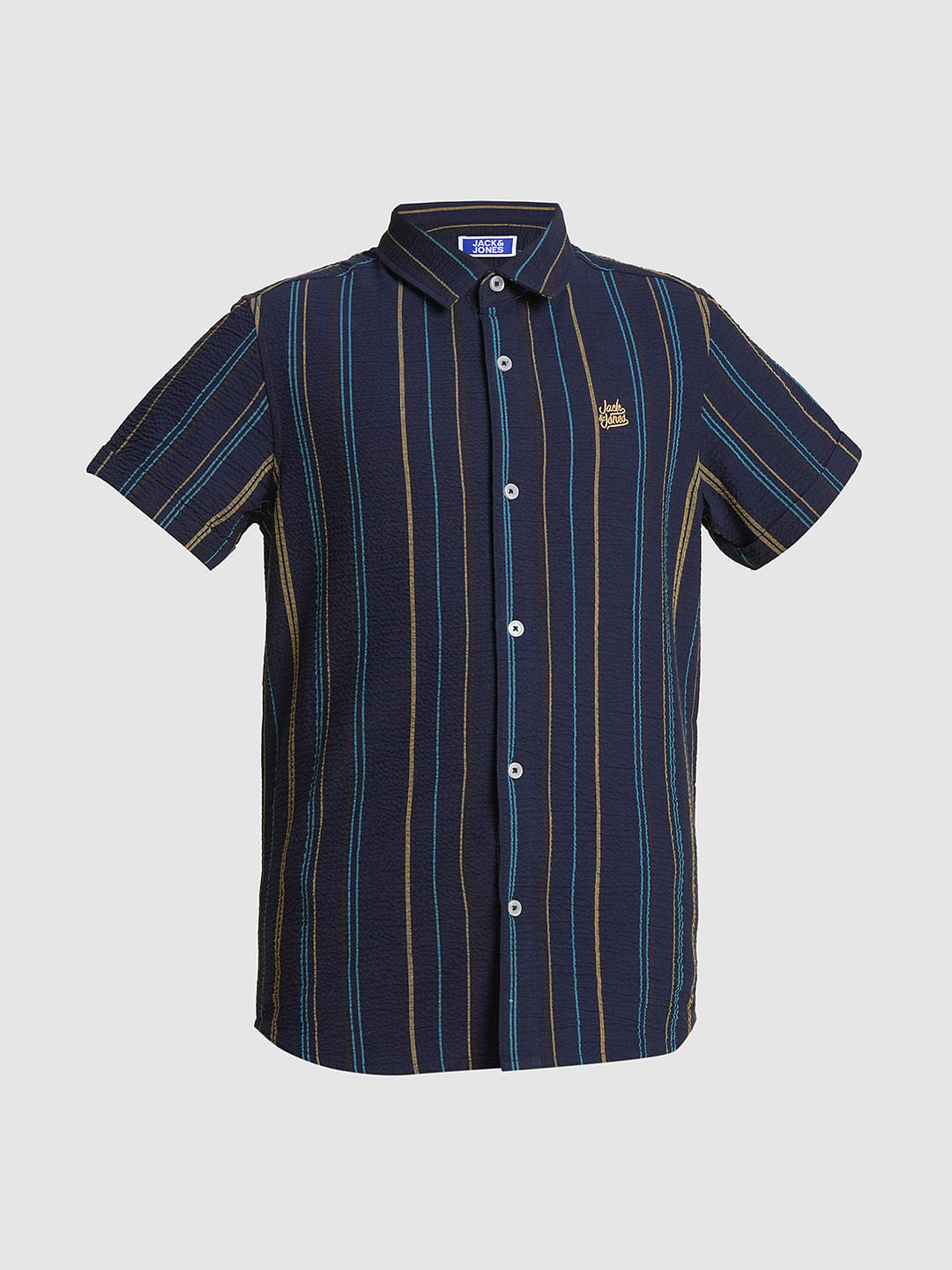 Boys Navy Blue Striped Cotton Shirt