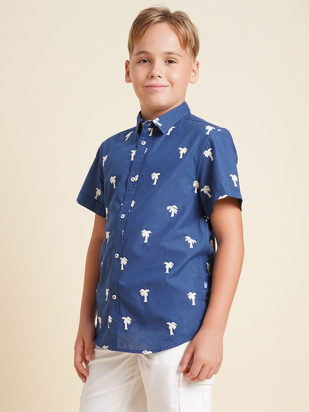 Boys Blue Embroidered Print Shirt