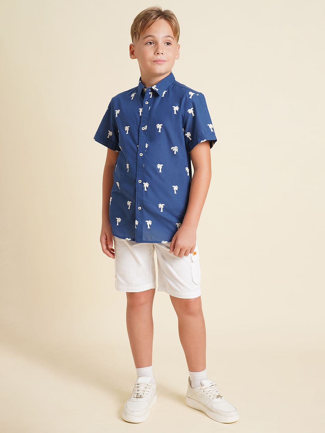 Boys Blue Embroidered Print Shirt