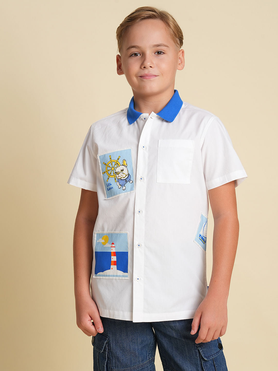 Boys White Printed Cotton Shirt