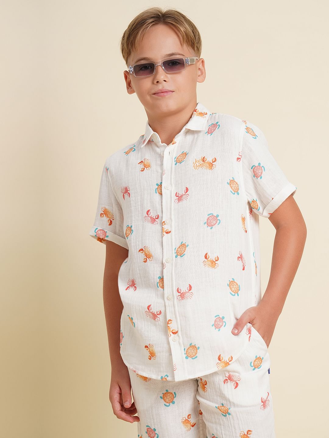 Boys White Printed Co-ord Set Shirt