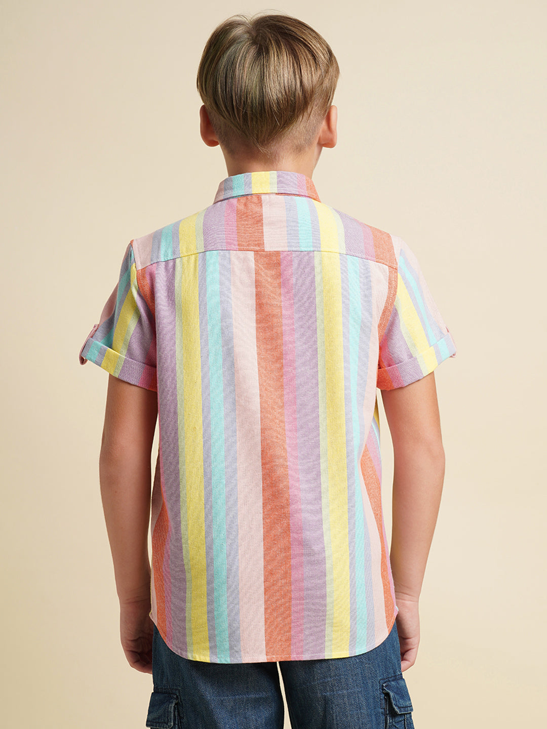 Boys Cotton-Linen Striped Shirt With Roll-Up Sleeves