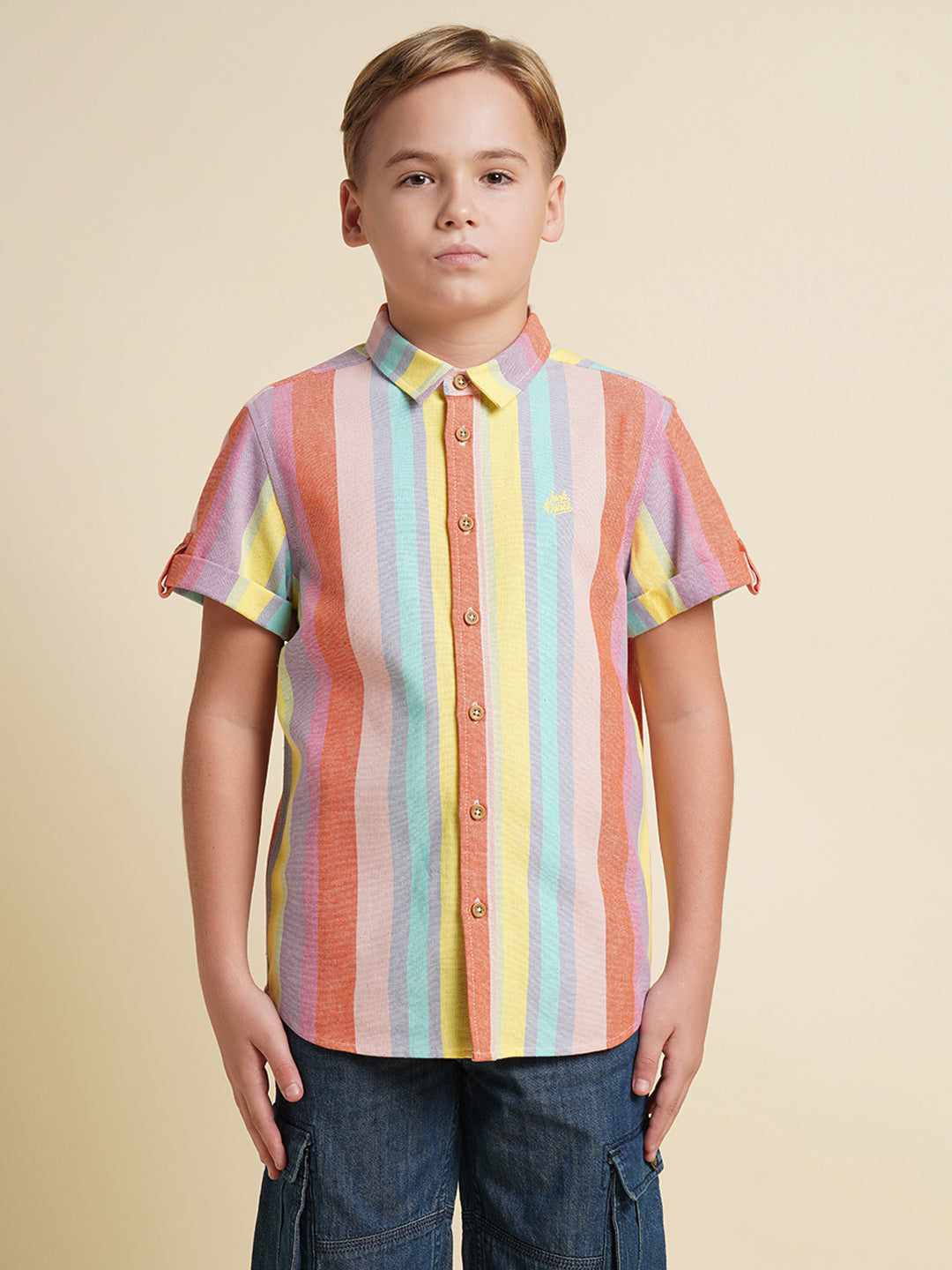 Boys Cotton-Linen Striped Shirt With Roll-Up Sleeves