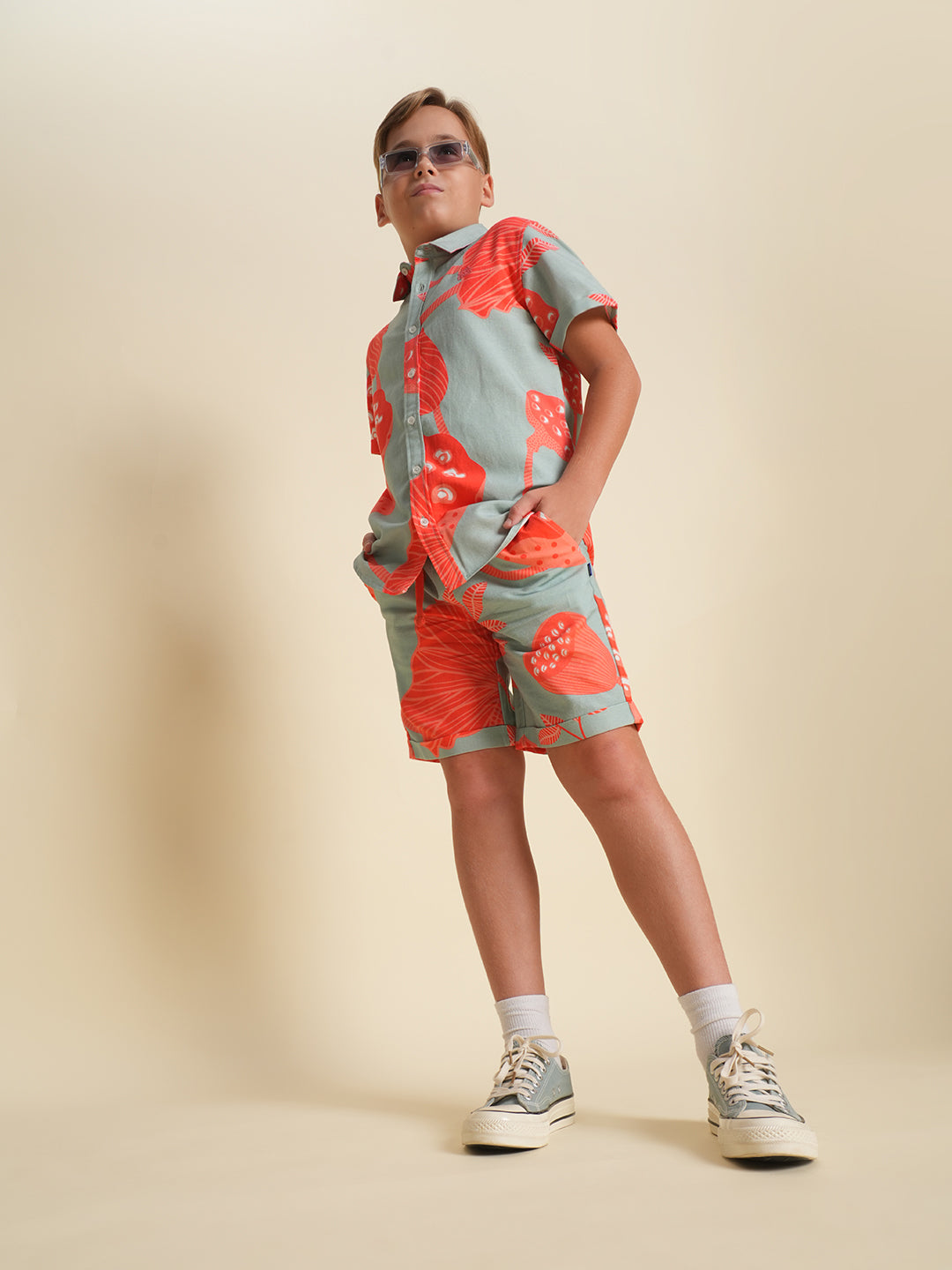 Boys Cotton-Linen Tropical Print Resort Collar Shirt - Pool Blue - 4/5y