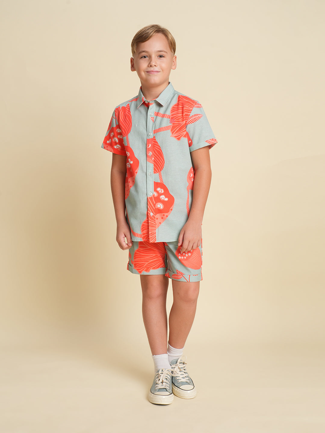 Boys Cotton-Linen Tropical Print Resort Collar Shirt - Pool Blue