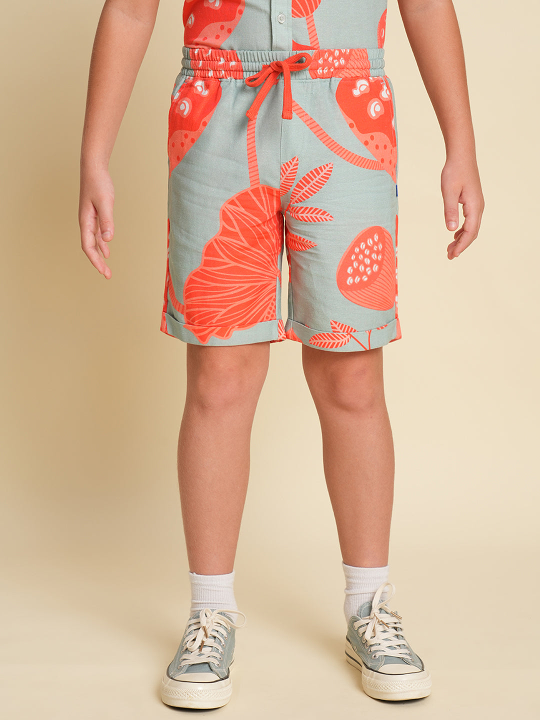 Boys Cotton-Linen Tropical Print Resort Collar Shirt - Pool Blue