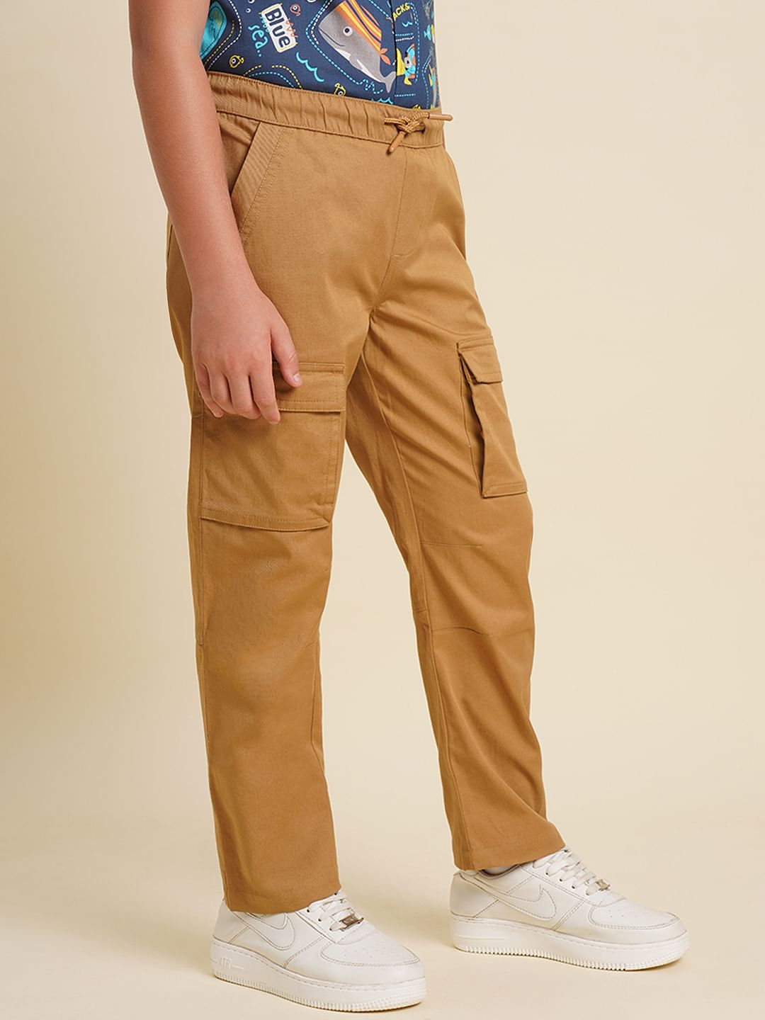 Boys Brown Mid Rise Cotton Casual Pants