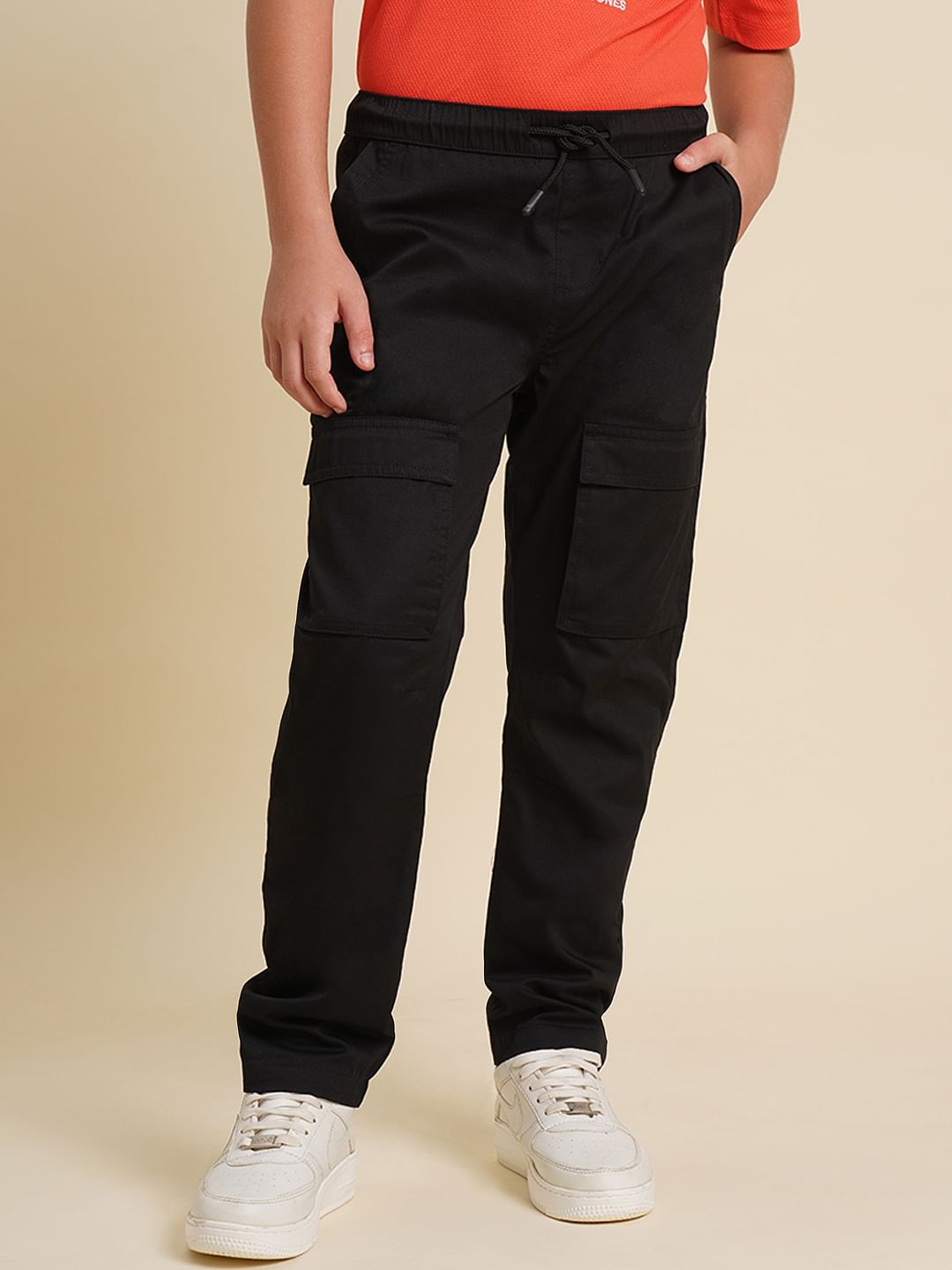 Boys Black Mid Rise Cotton Pants