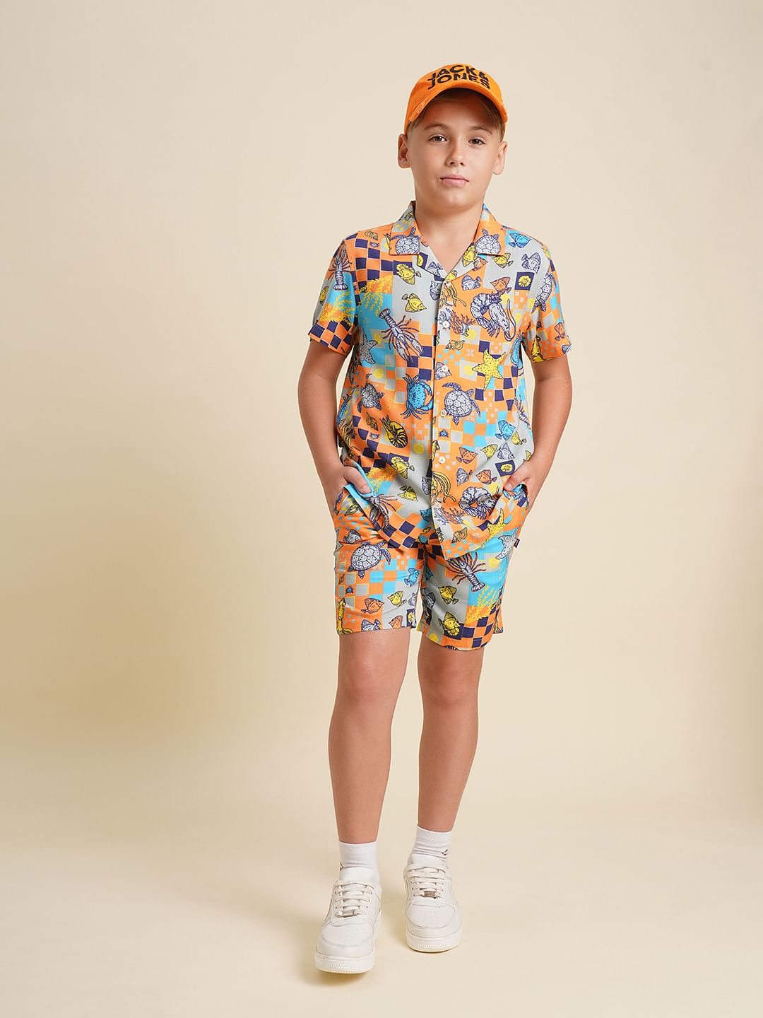 Boys Orange Printed Co-ord Set Shorts