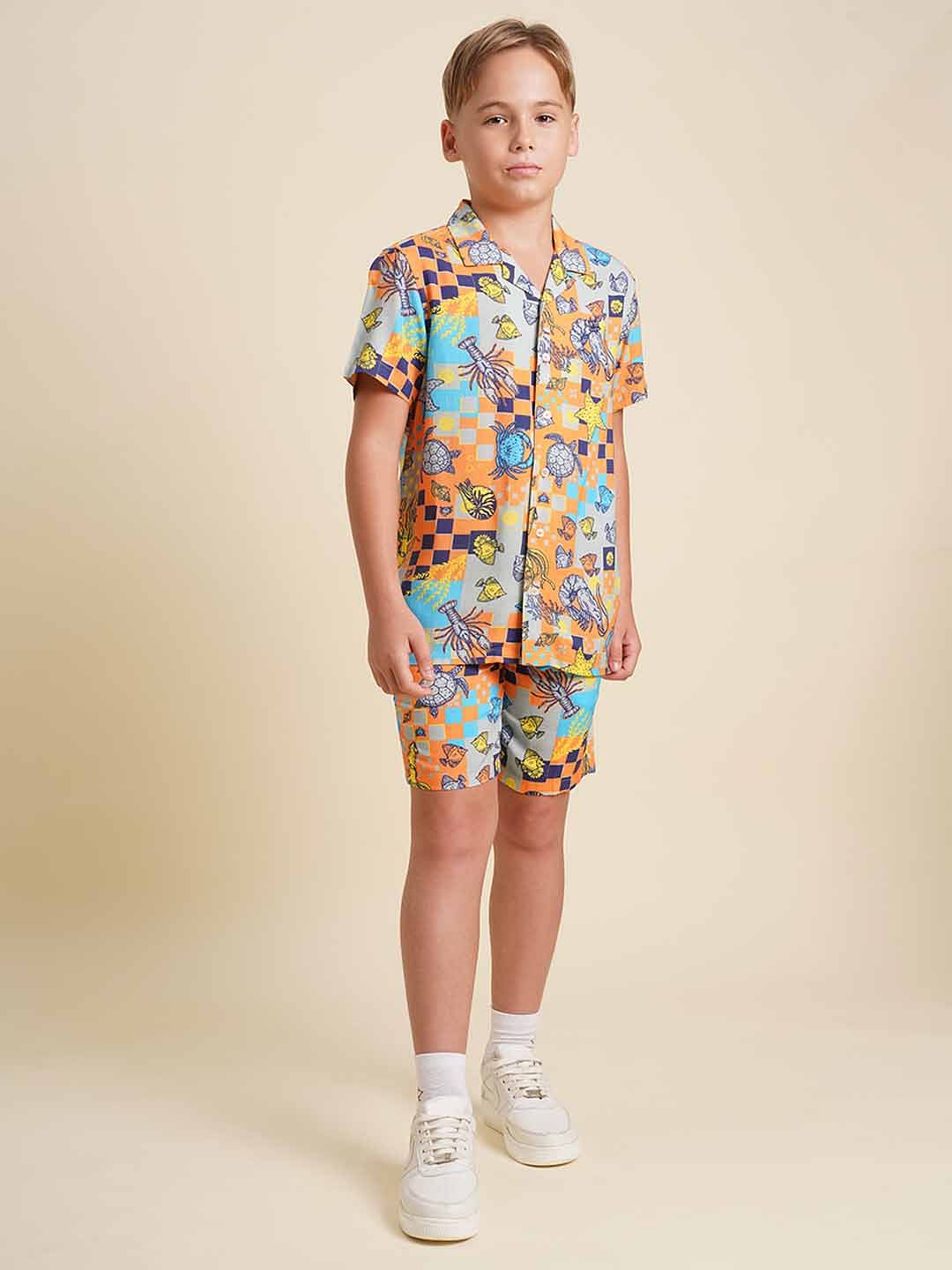 Boys Orange Printed Co-ord Set Shorts