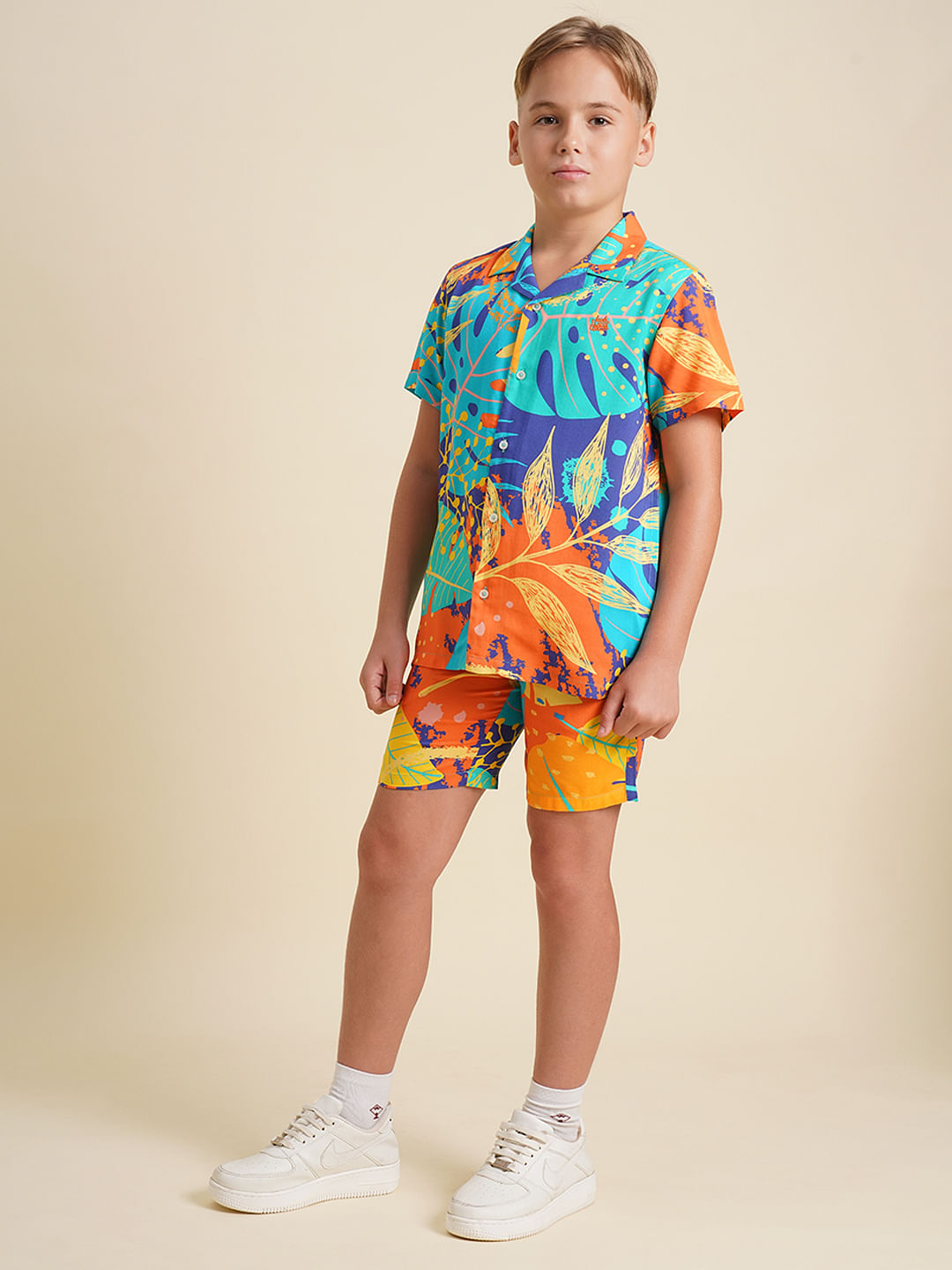 Boys Orange Printed Viscose Co-ord Set Shorts