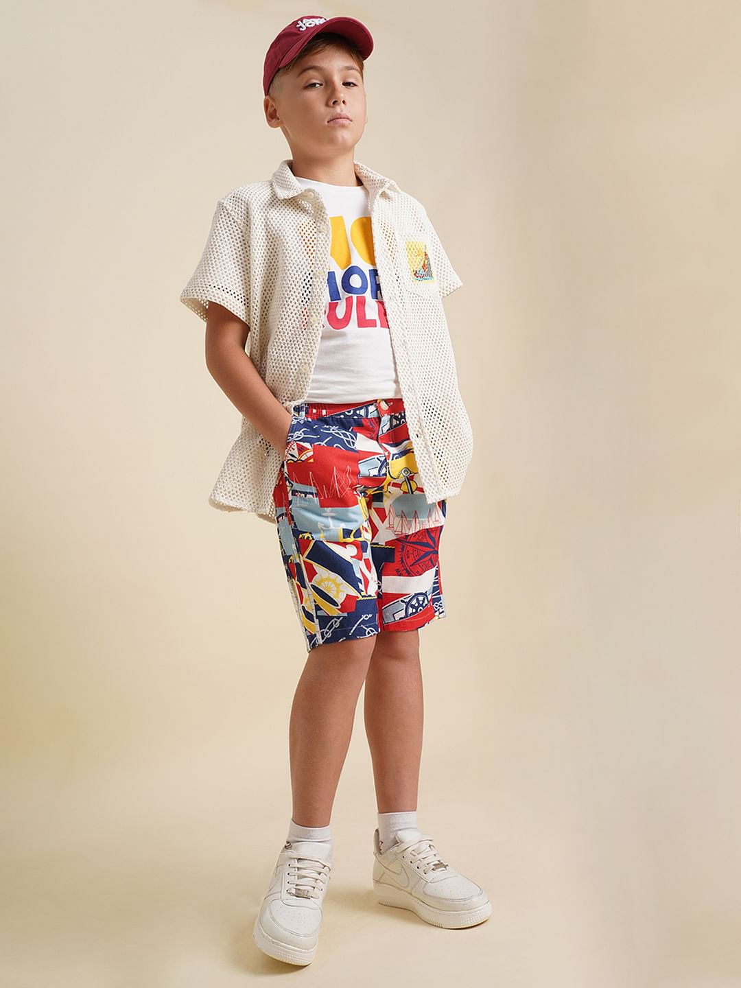Boys White Sailor Print Shorts