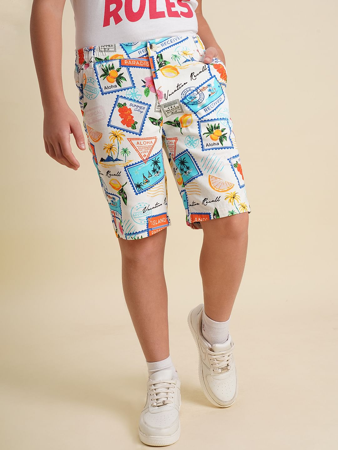 Boys White Stamp Print Co-ord Set Shorts