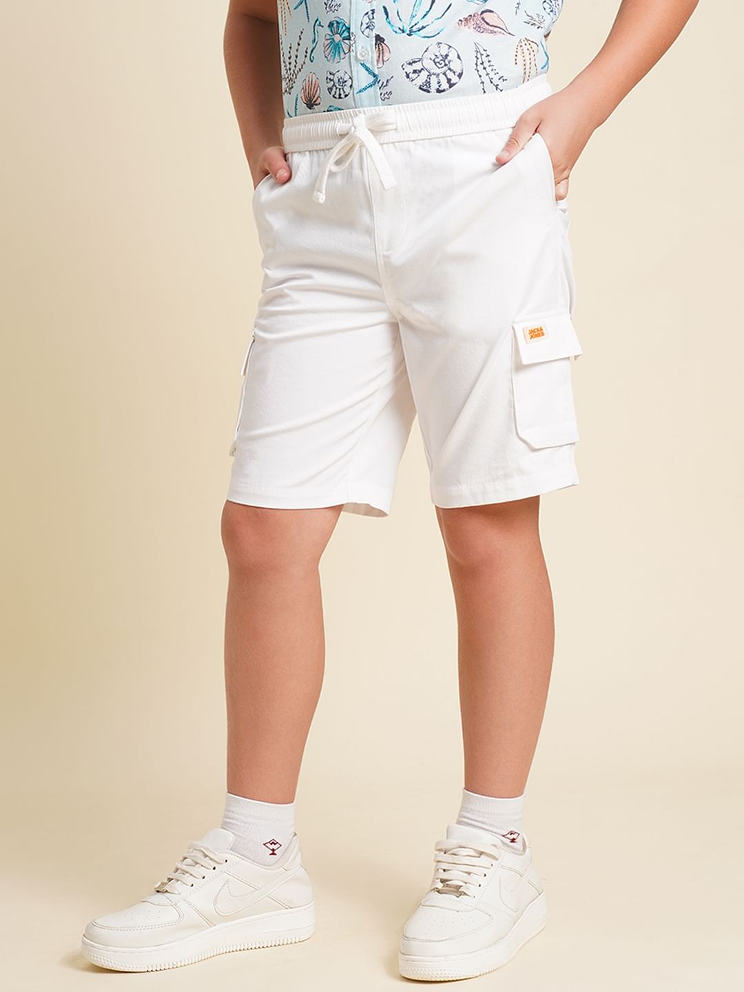 Boys White Cotton Shorts
