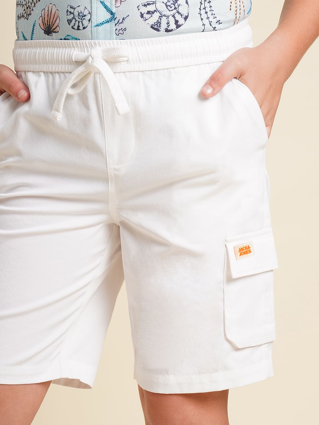 Boys White Cotton Shorts