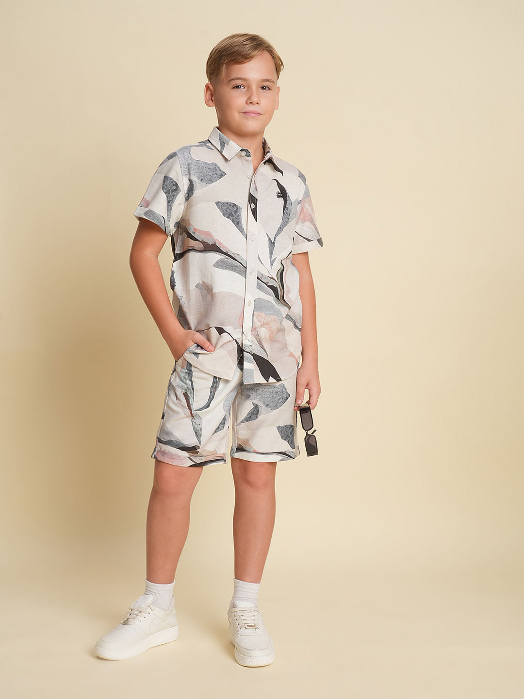 Boys White Printed Co-ord Set Shorts