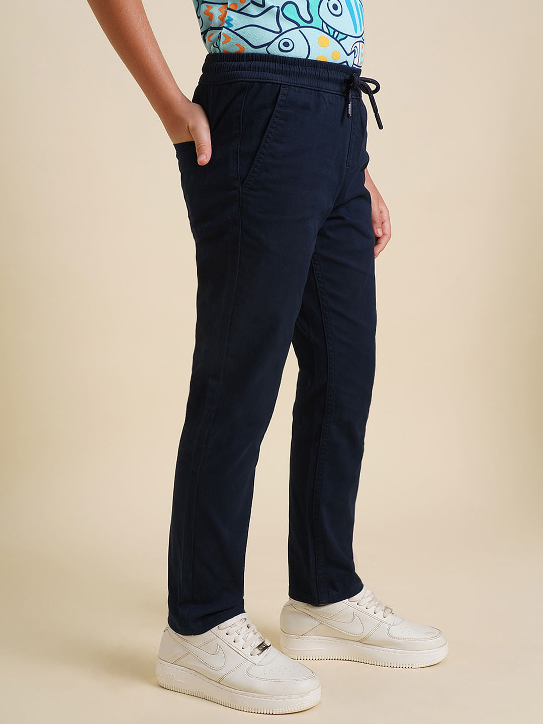 Boys Dark Blue Mid Rise Cotton Pants