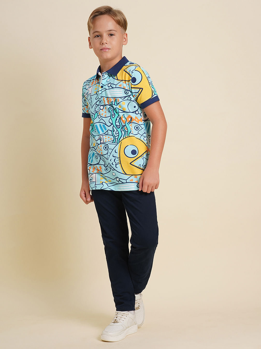 Boys Dark Blue Mid Rise Cotton Pants