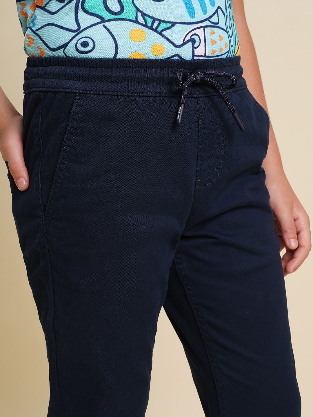 Boys Dark Blue Mid Rise Cotton Pants