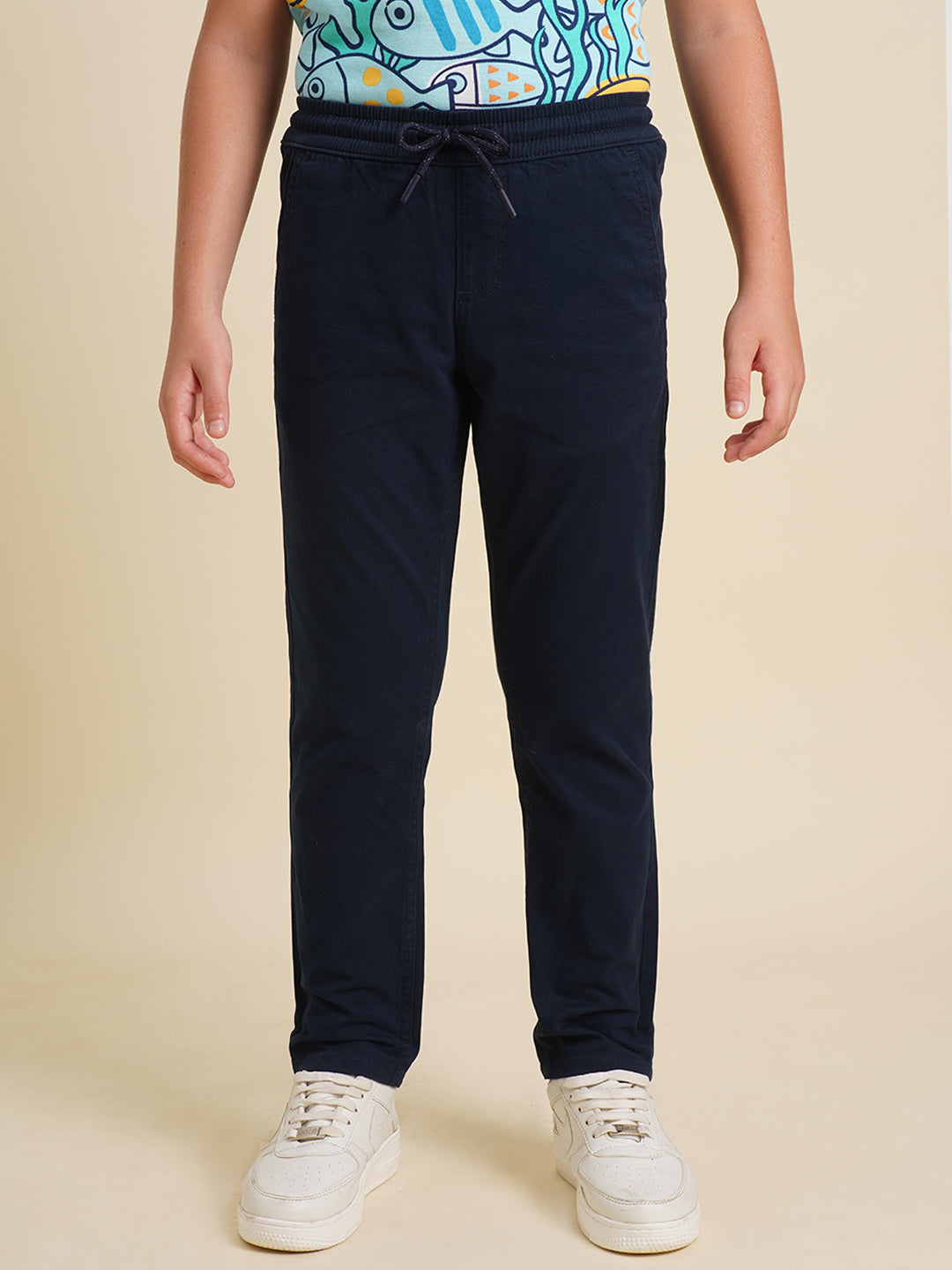 Boys Dark Blue Mid Rise Cotton Pants