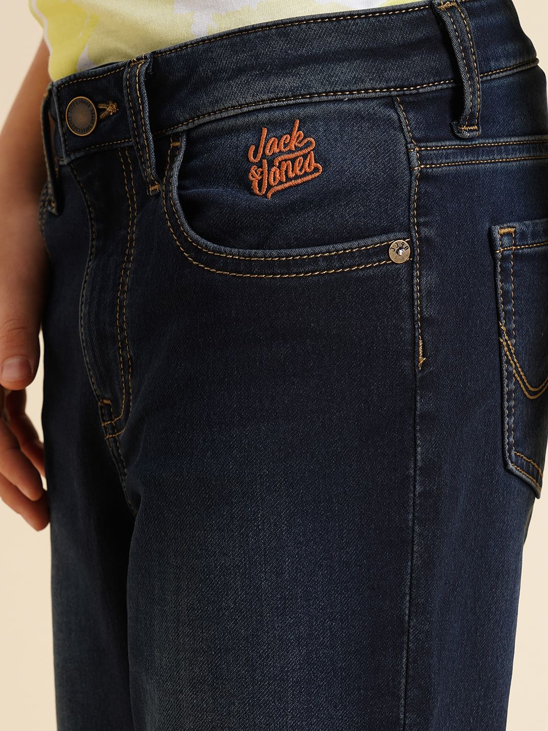 Boys Dark Blue Mid Rise Cotton Straight Fit Jeans