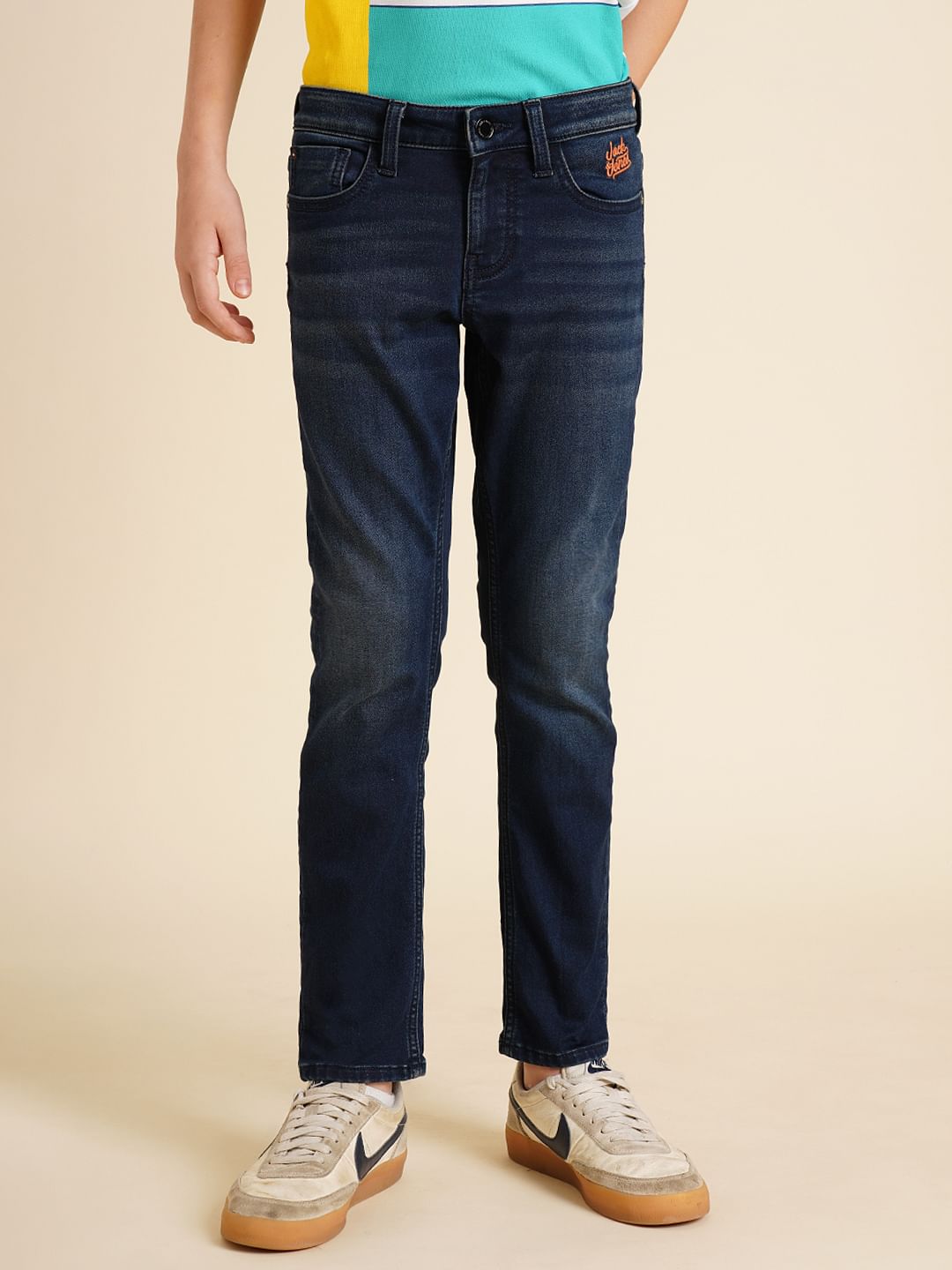 Boys Dark Blue Mid Rise Straight Fit Jeans