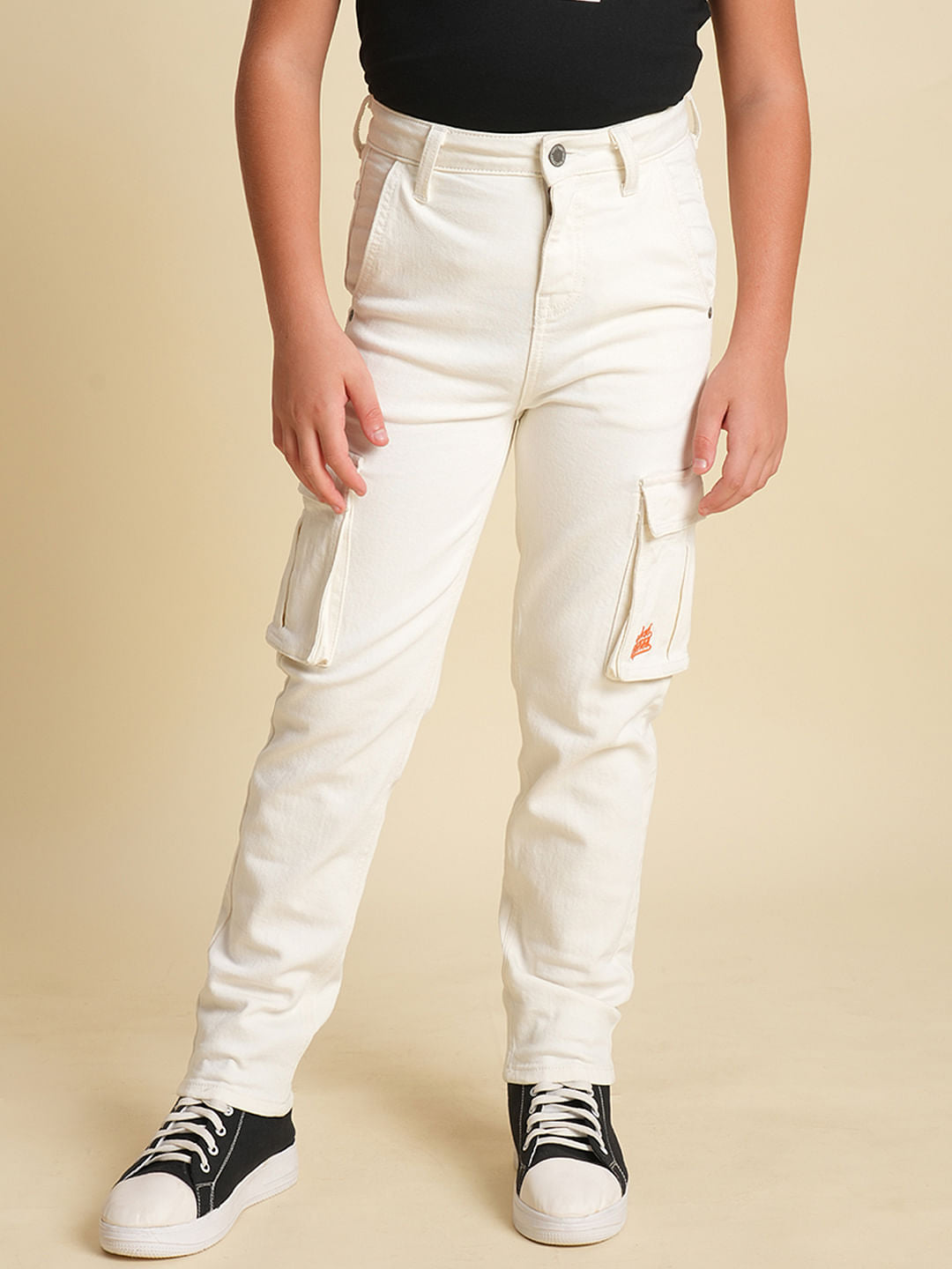 Boys White Mid Rise Cotton Jeans