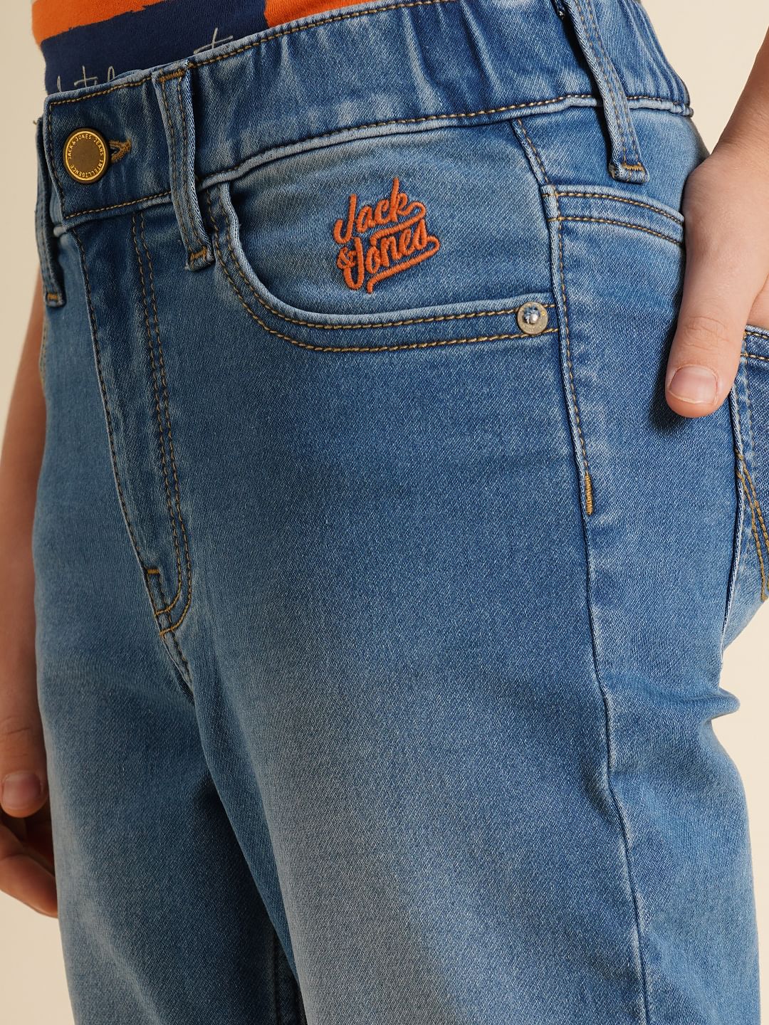 Boys Blue Washed Cotton Straight Fit Jeans