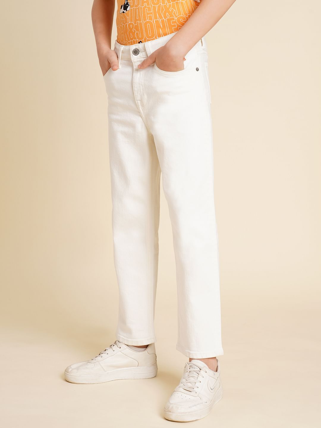 Boys White Mid Rise Cropped Comfort Fit Jeans
